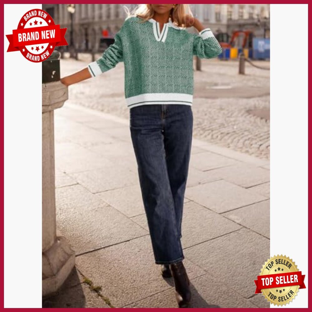 Long Sleeve V-Neck Pullover Sweater, Chunky Knit, Lapel Collar, Color Block - Picture 5 of 7